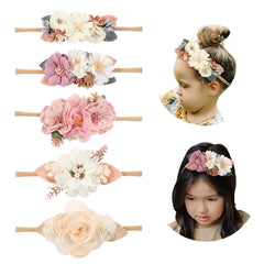 Cinaci 5 Pack headbands display white and pink rose flowers for baby outfits.