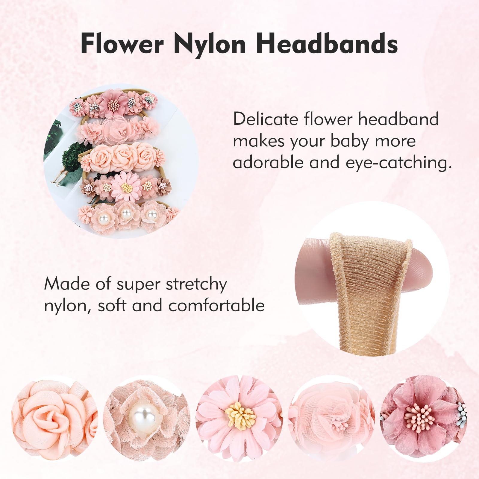Cinaci baby headbands with fabric flowers; gentle on skin