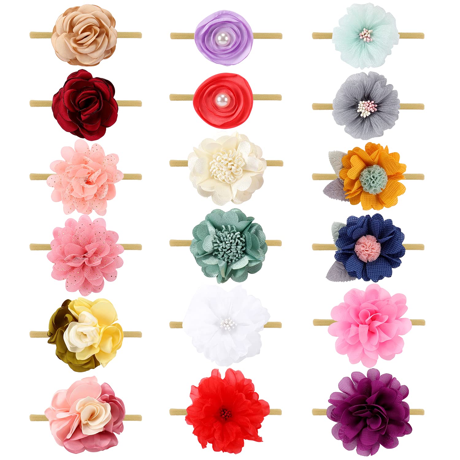 Cinaci flower headbands set with pink chiffon blossoms—soft nylon stretch for gentle daily wear.