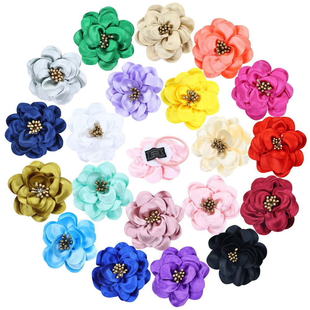 Cinaci flower hair ties collection in 20 colors for versatile outfits and playful hairstyles.