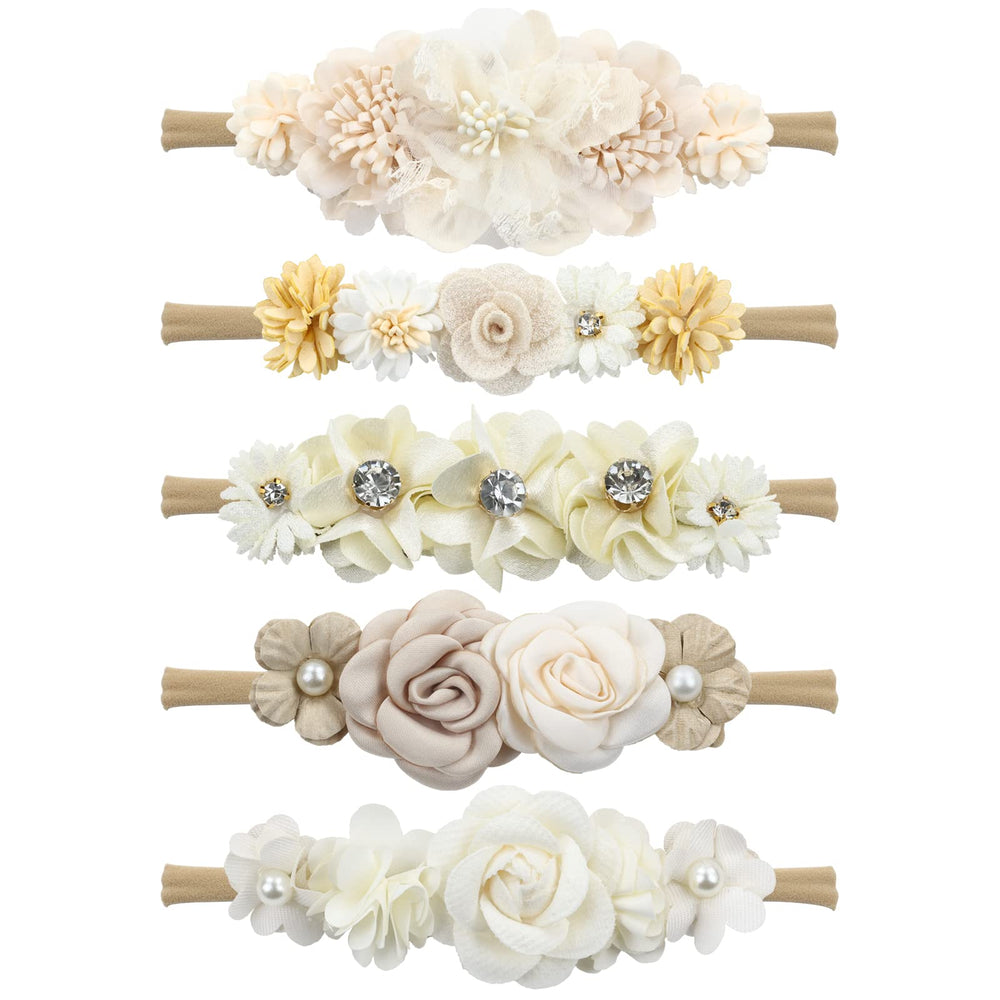 Cinaci flower headband set5 front view shows five color options for coordinated outfits.