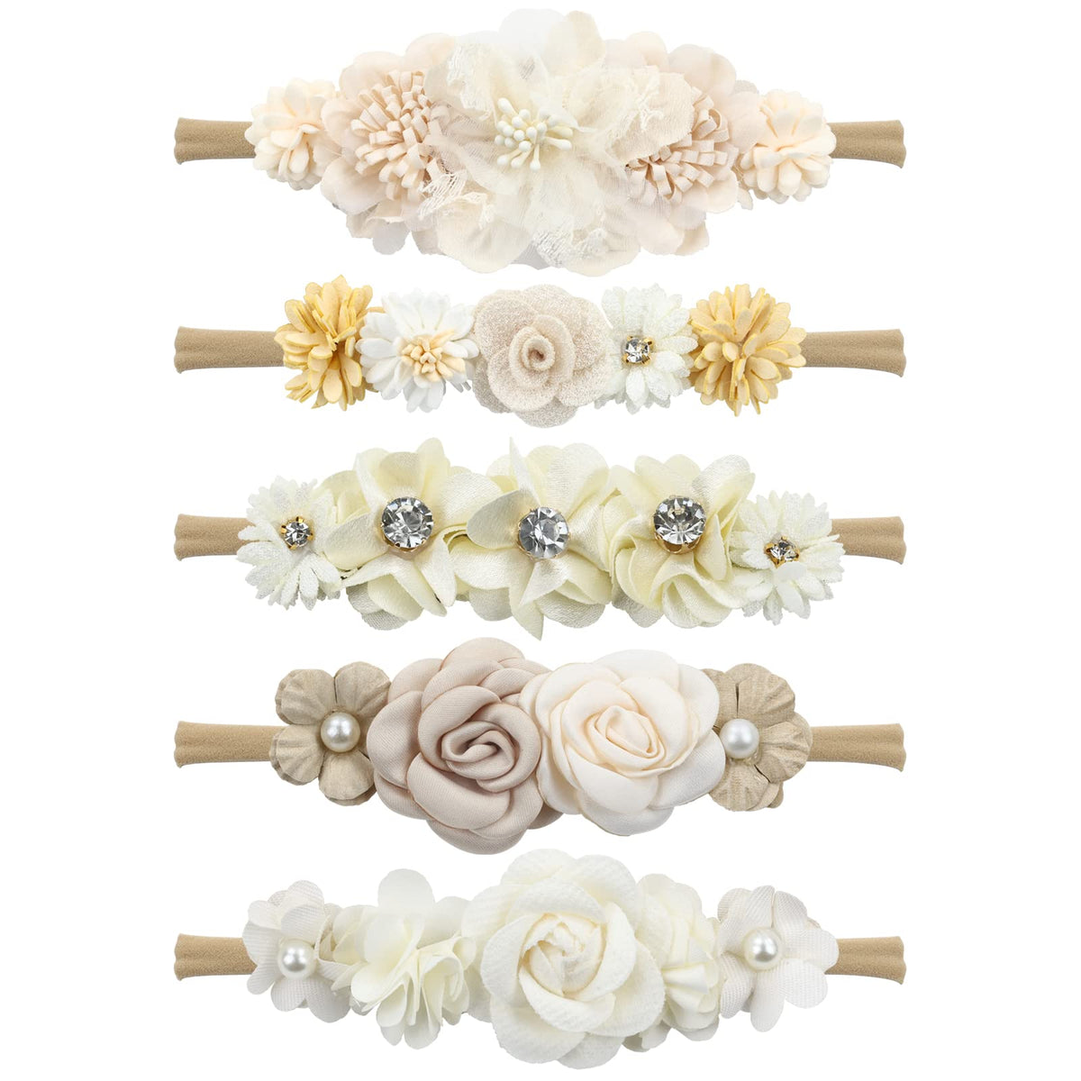 Cinaci flower headband set5 front view shows five color options for coordinated outfits.
