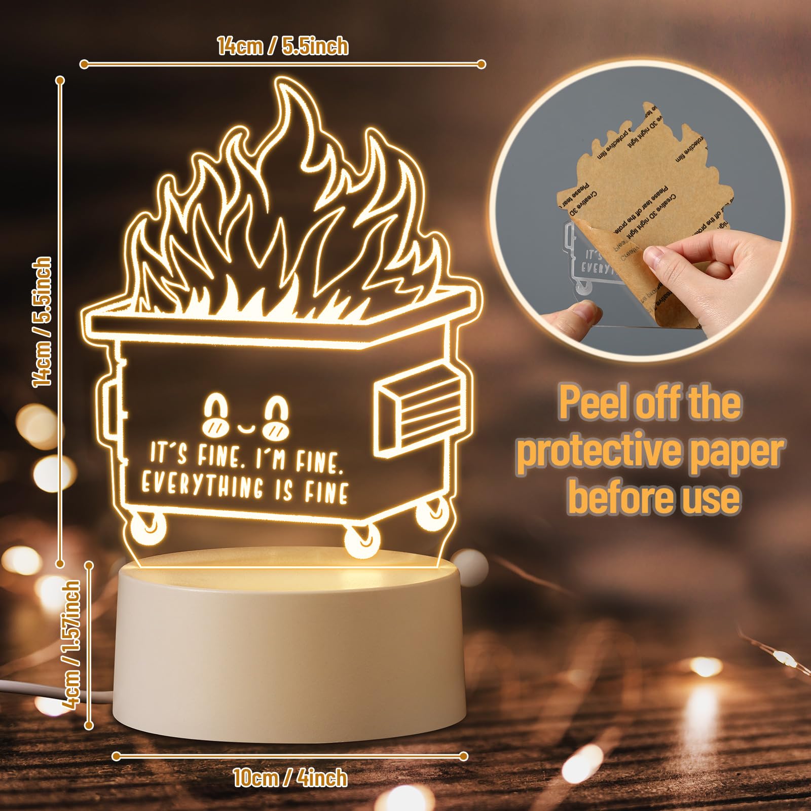 Cinnvoice dumpster fire night light sits on a desk with motivating glow.