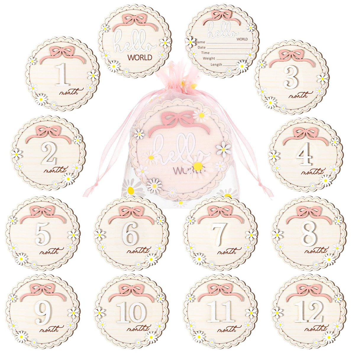 Cinnvoice Hello World milestone card front for newborn announcements