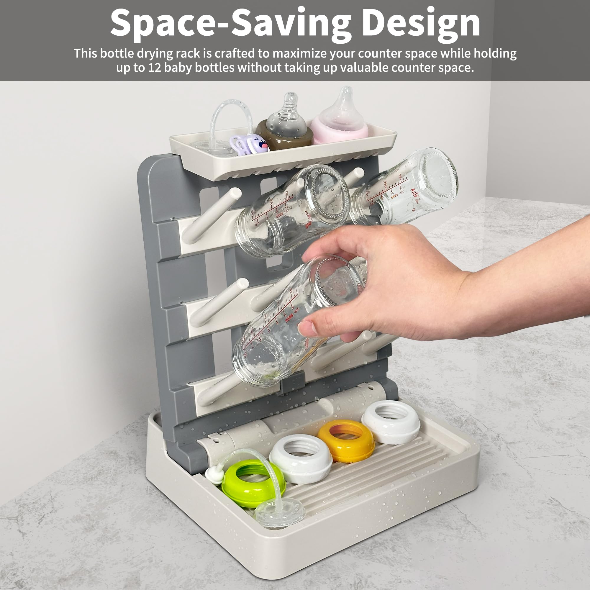 CINWWNI baby bottle drying rack holds up to 12 bottles, simplifying post-wash organization.