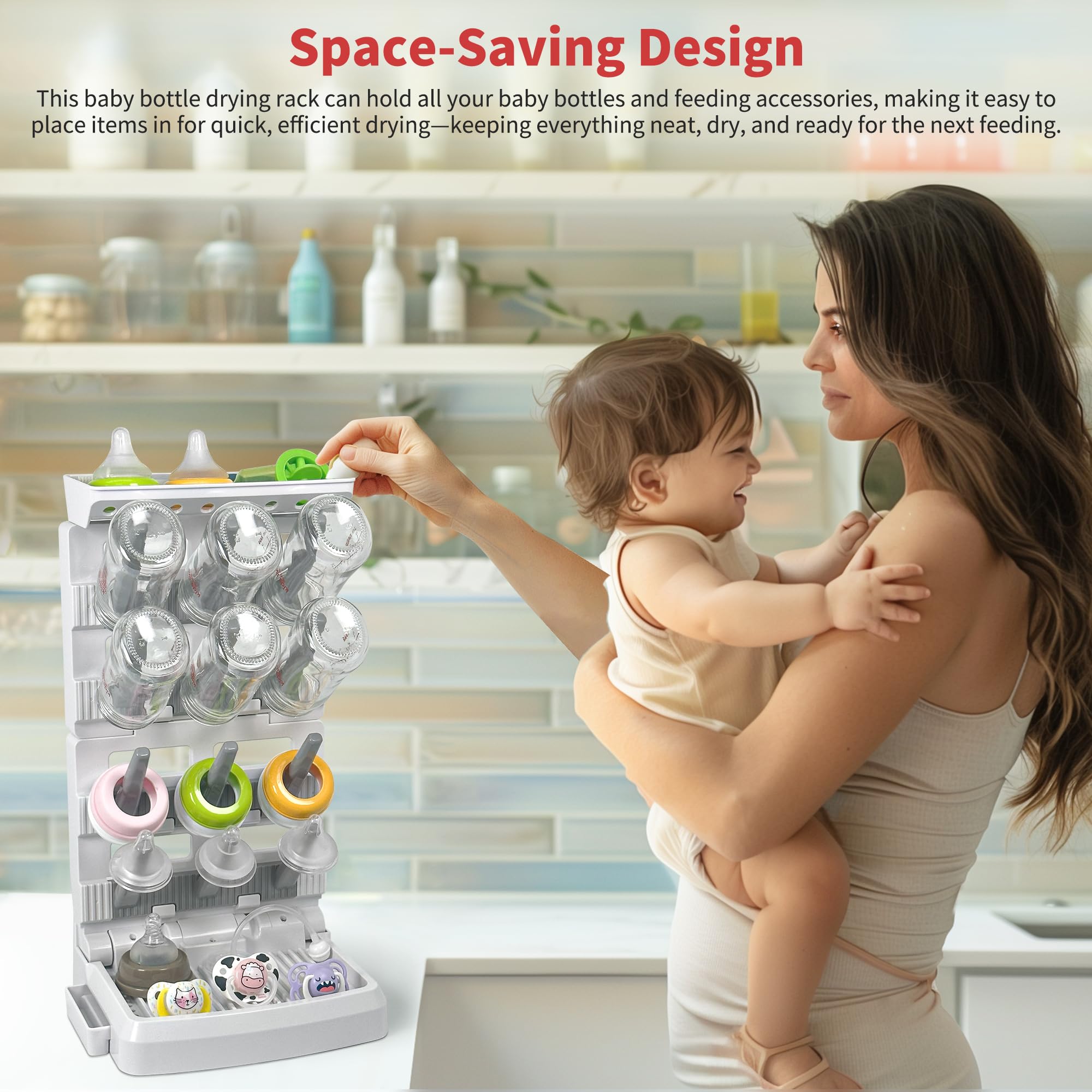 CINWWNI bottle drying rack top basket image shows removable top basket for small parts.