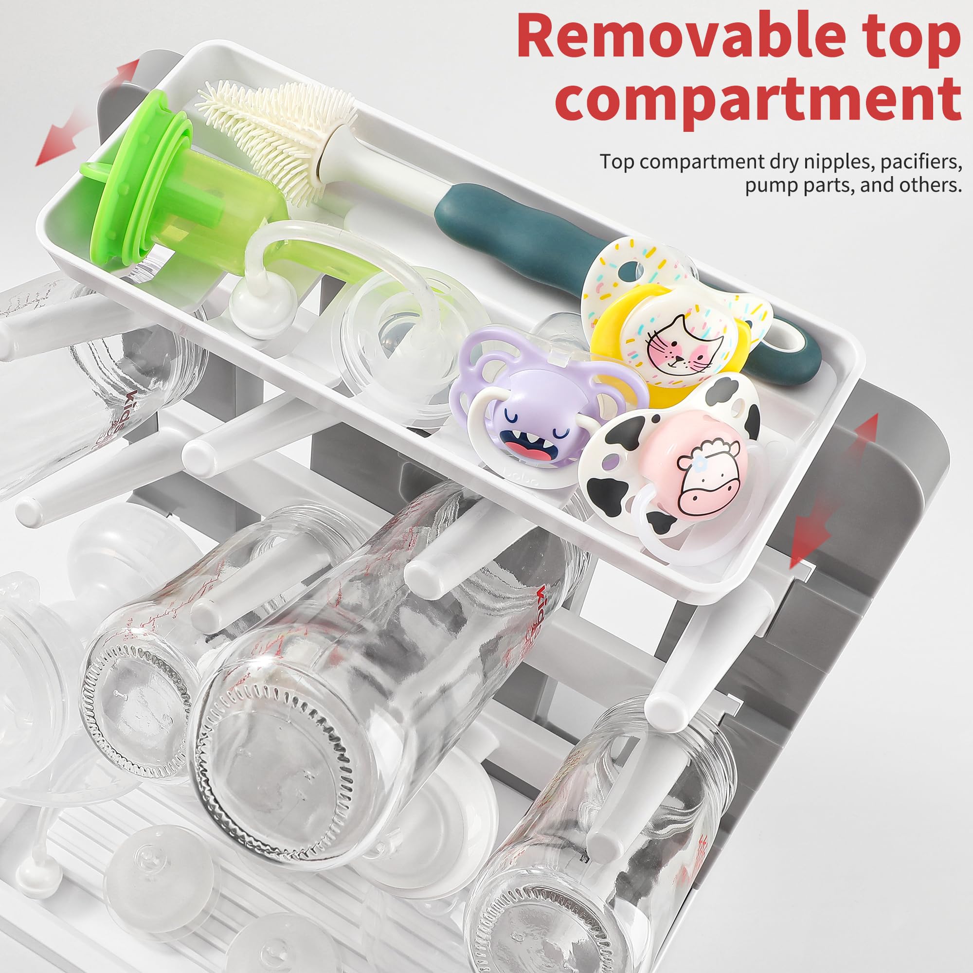 CINWWNI bottle-drying-rack holds pump parts and pacifiers reducing clutter.