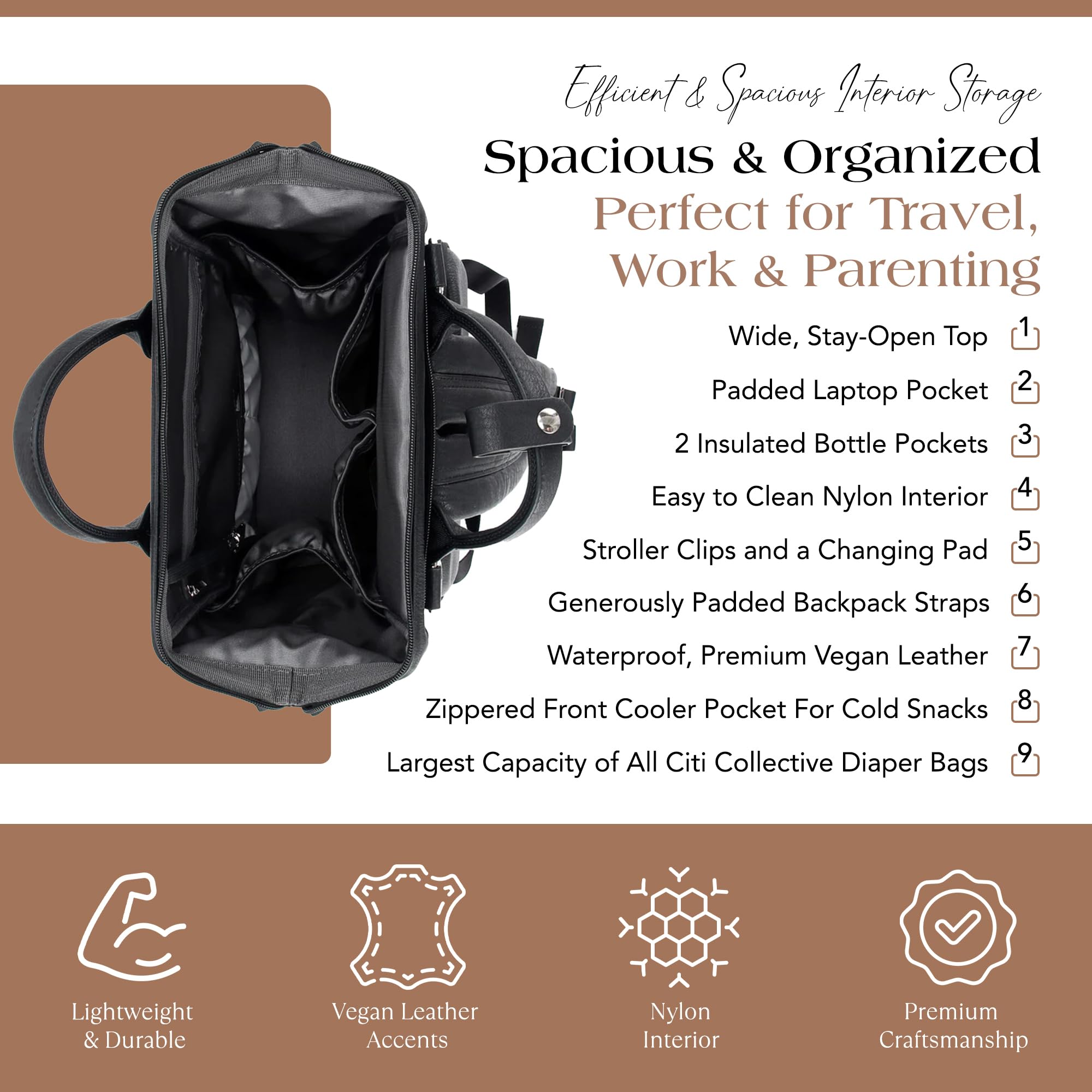 Citi Collective Explorer back view shows stroller clip for hands-free mobility.