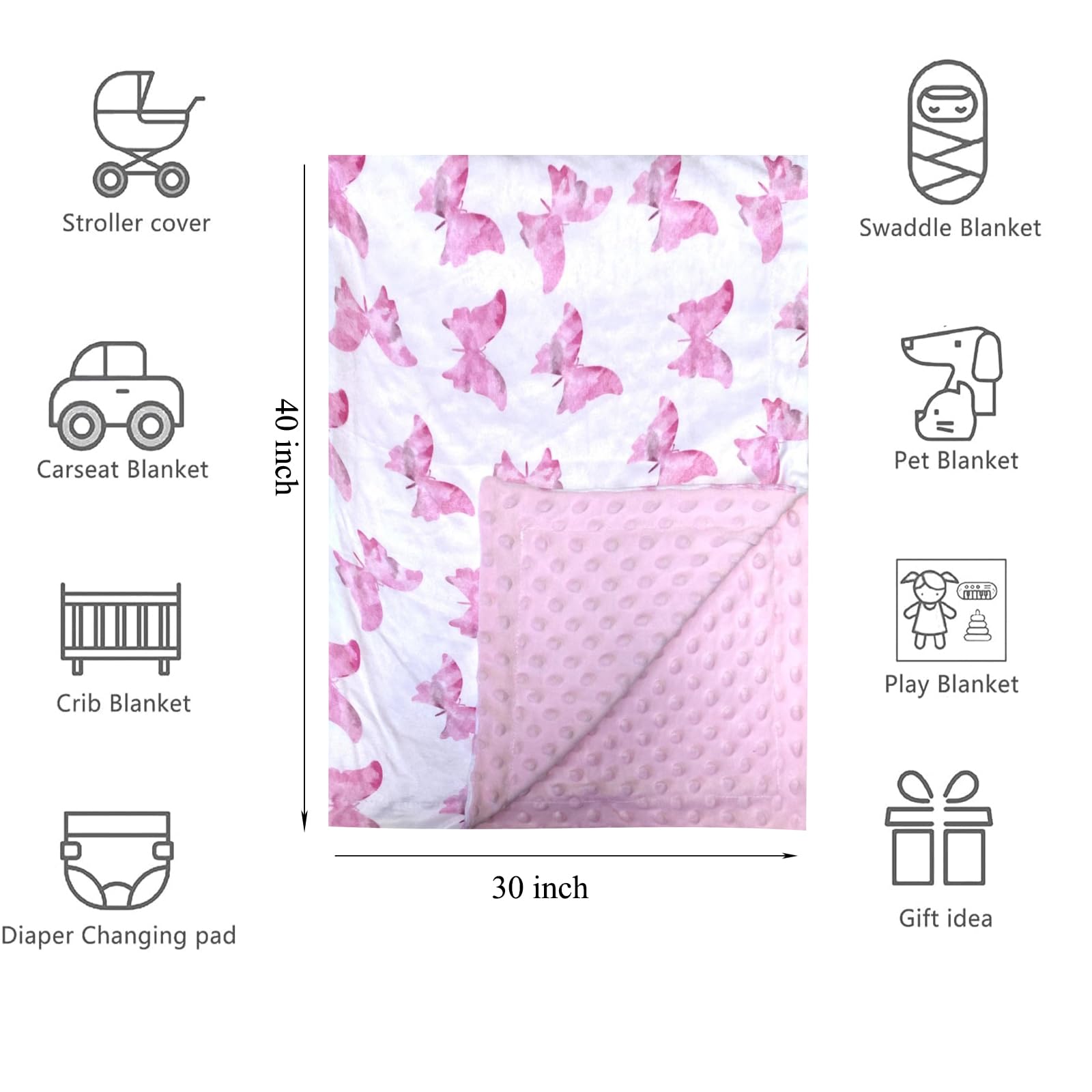 Citihomy butterfly pink blanket shows dotted backing for calming baby touch