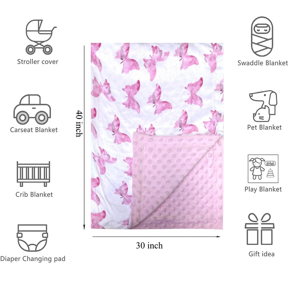 Citihomy butterfly pink blanket shows dotted backing for calming baby touch