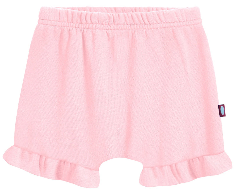 City Threads pink ruffled diaper cover shown on baby, soft cotton comfort.