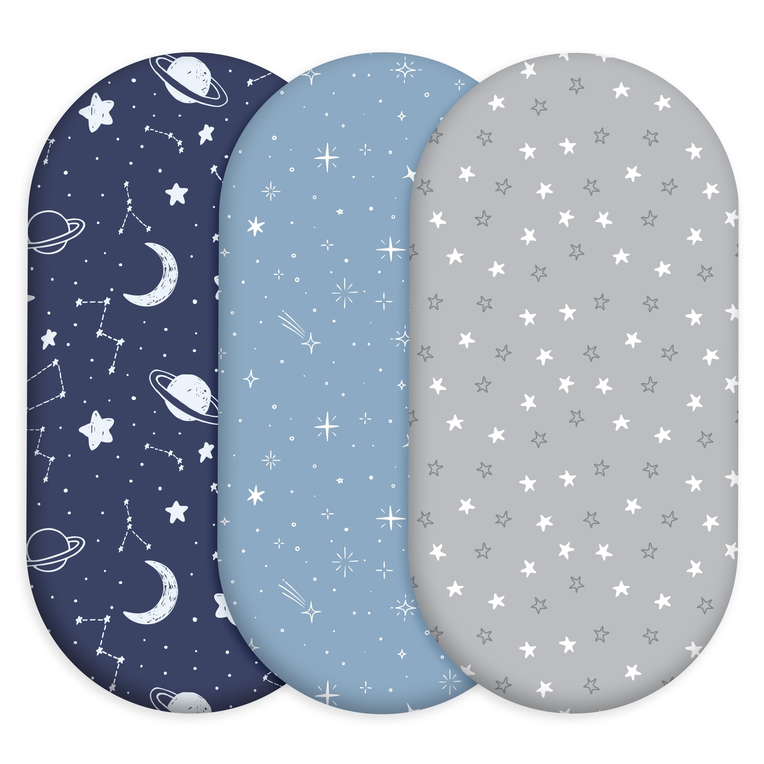 Civarua Kids bassinet sheets 3-pack laid out to show universal fit for multiple bassinet shapes