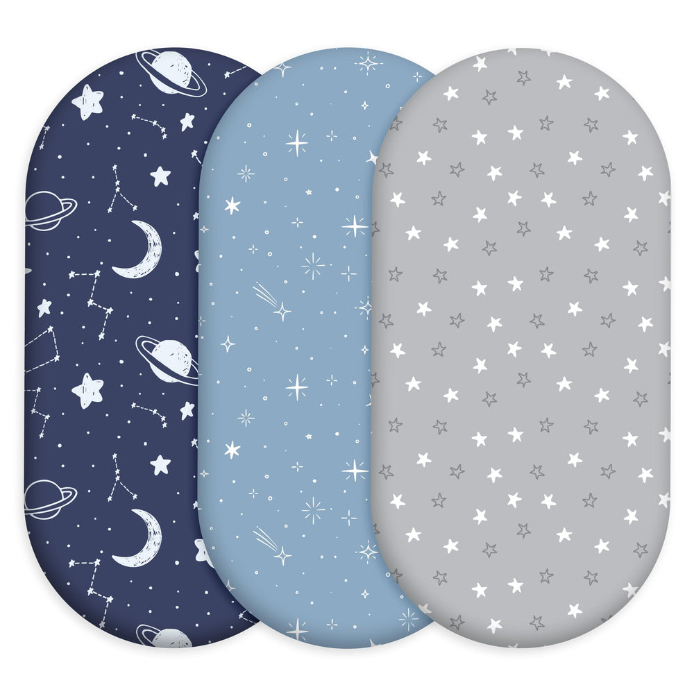 Civarua Kids bassinet sheets 3-pack laid out to show universal fit for multiple bassinet shapes