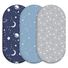 Civarua Kids bassinet sheets 3-pack laid out to show universal fit for multiple bassinet shapes