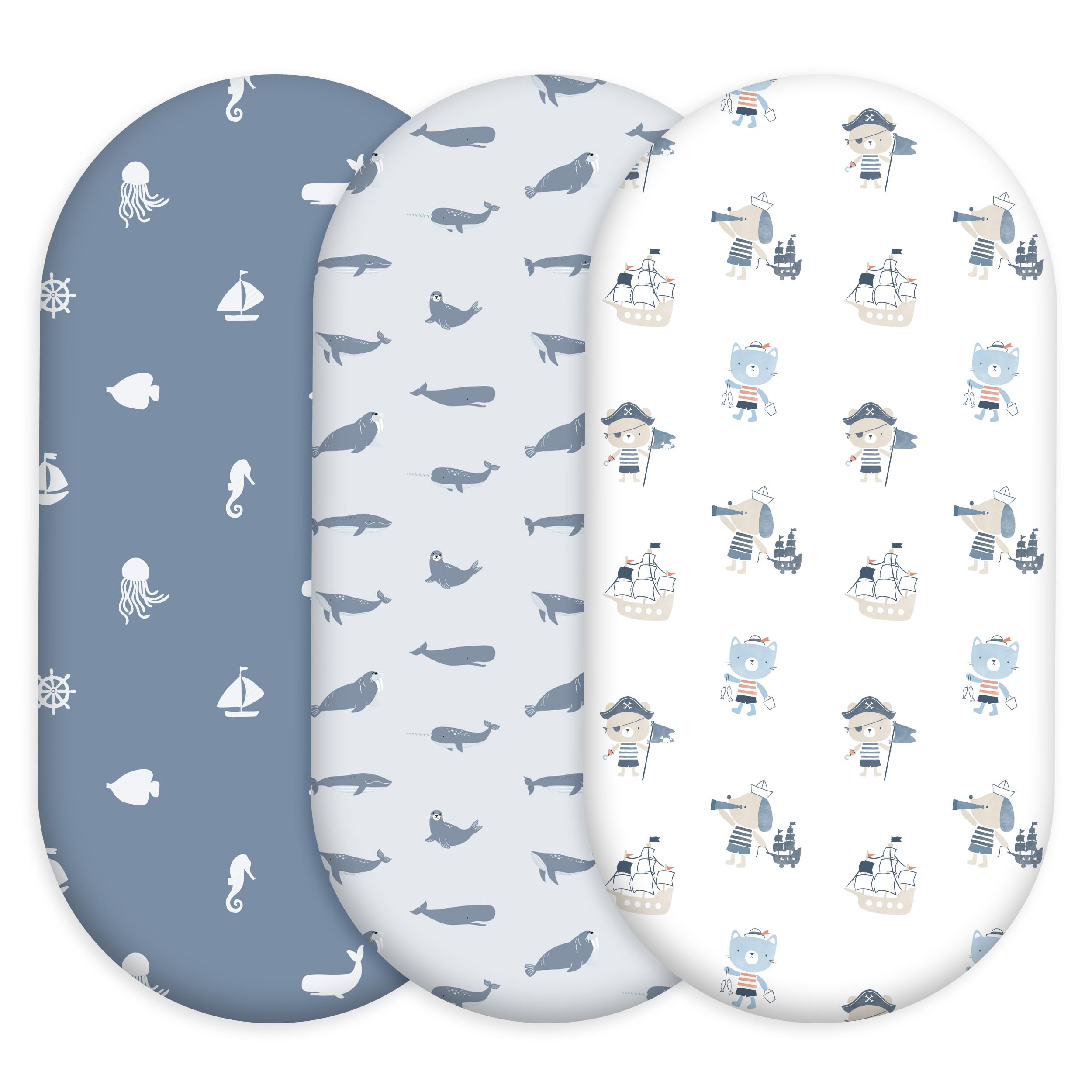 Civarua Kids bassinet sheets in blue ocean sailor, packaged for quick setup and gifting.