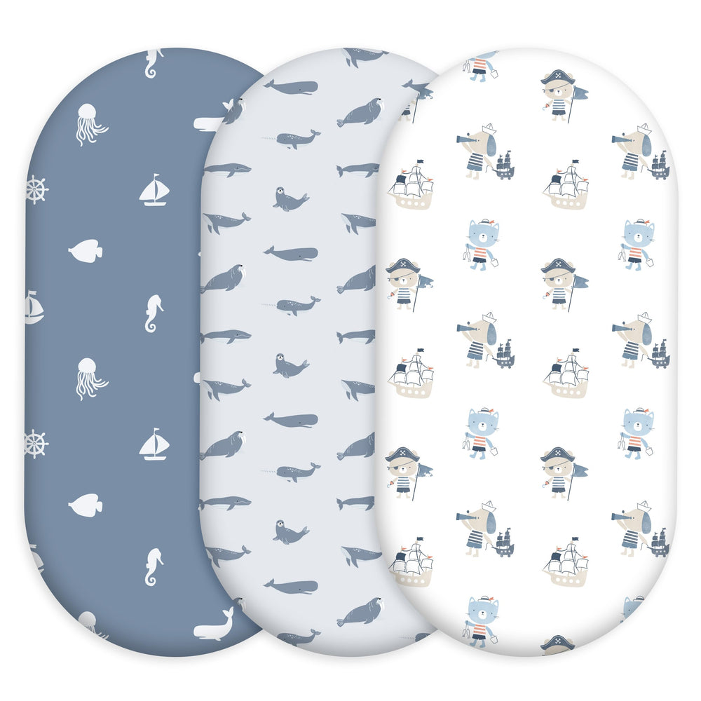 Civarua Kids bassinet sheets in blue ocean sailor, packaged for quick setup and gifting.