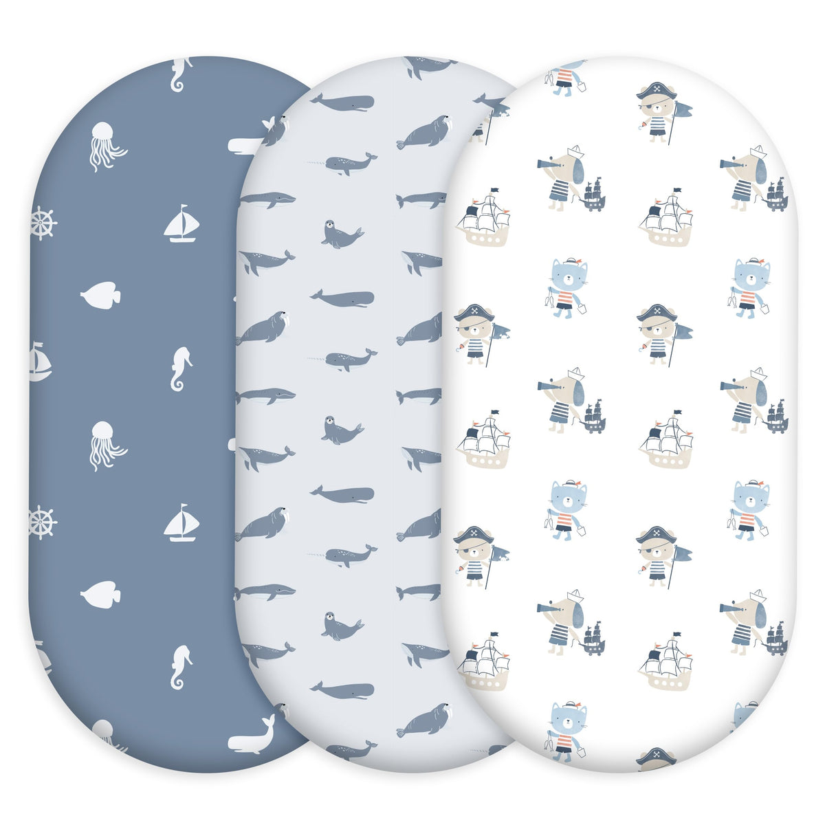 Civarua Kids bassinet sheets in blue ocean sailor, packaged for quick setup and gifting.