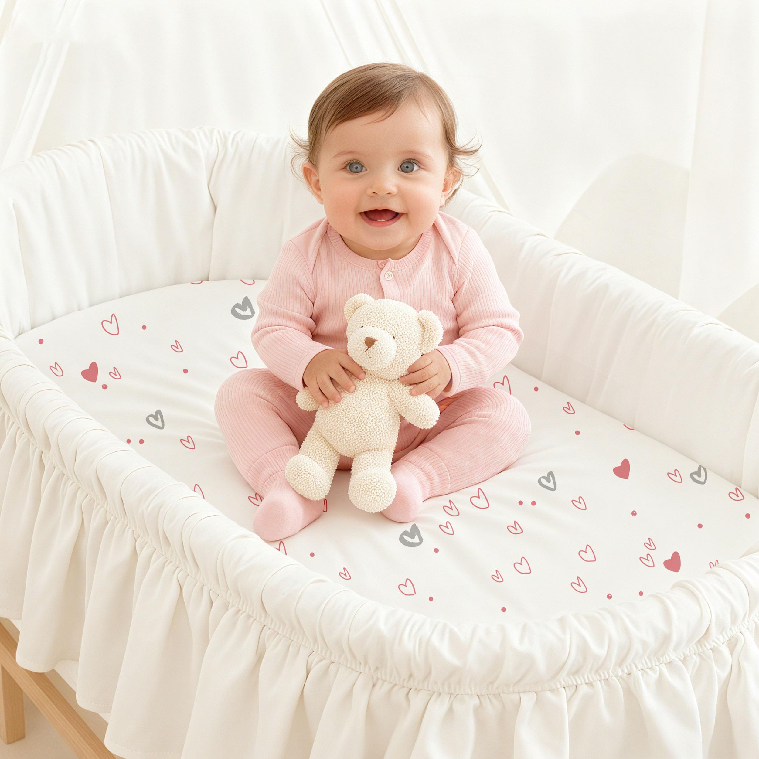 Civarua Kids bassinet sheets rainbow pink 3-pack laid out for viewing
