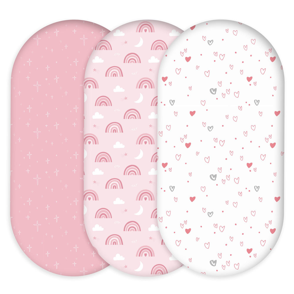 Civarua Kids bassinet sheets rainbow pink packaging highlights soft 3-pack value