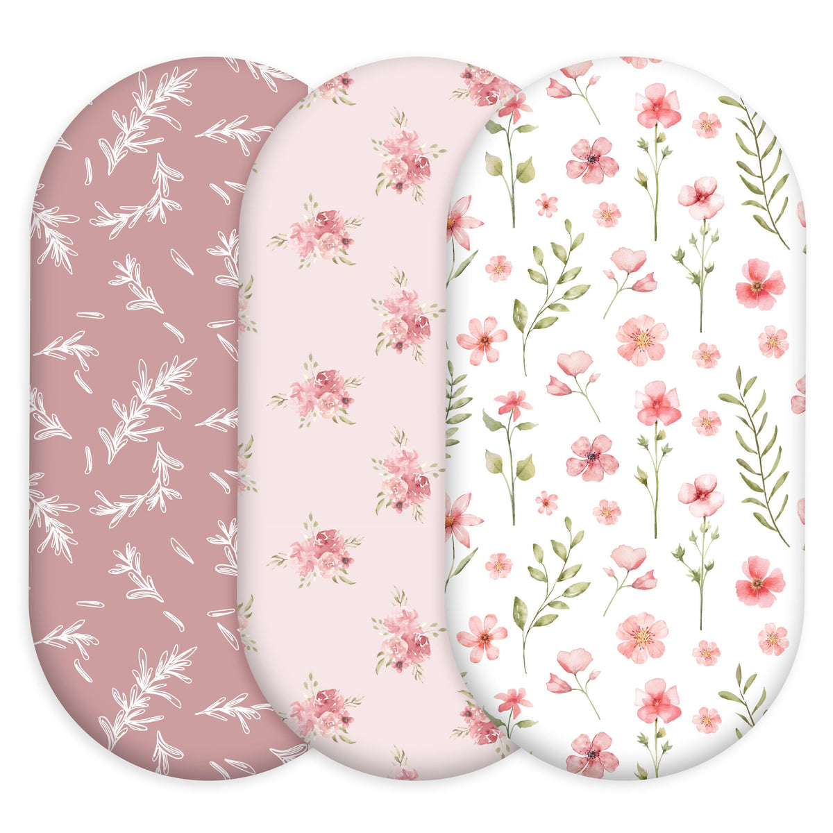 Civarua Kids floral bassinet sheets, side view, showcasing breathable year-round comfort.