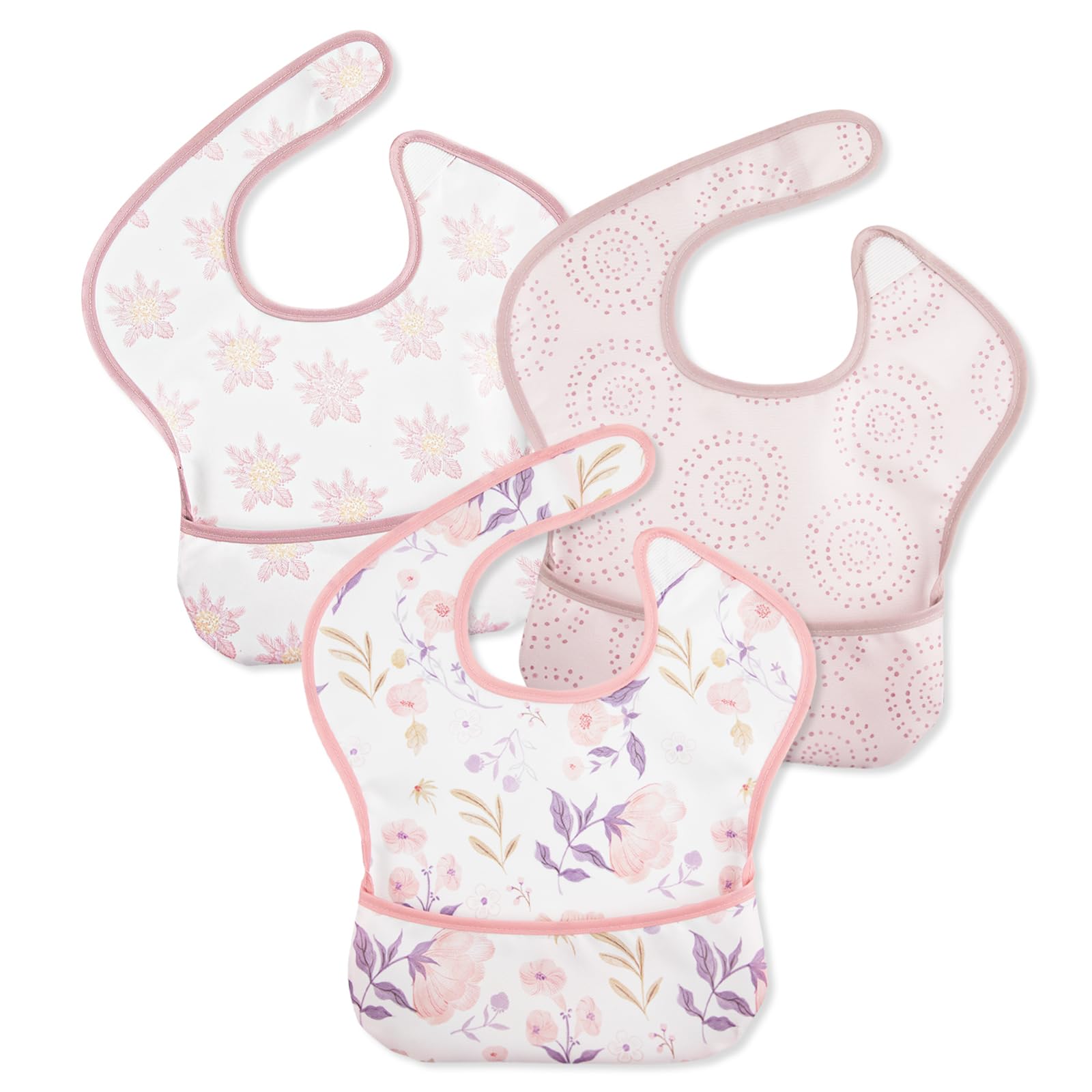 Civarua Kids mess proof bib front view with pink floral pattern catching spills