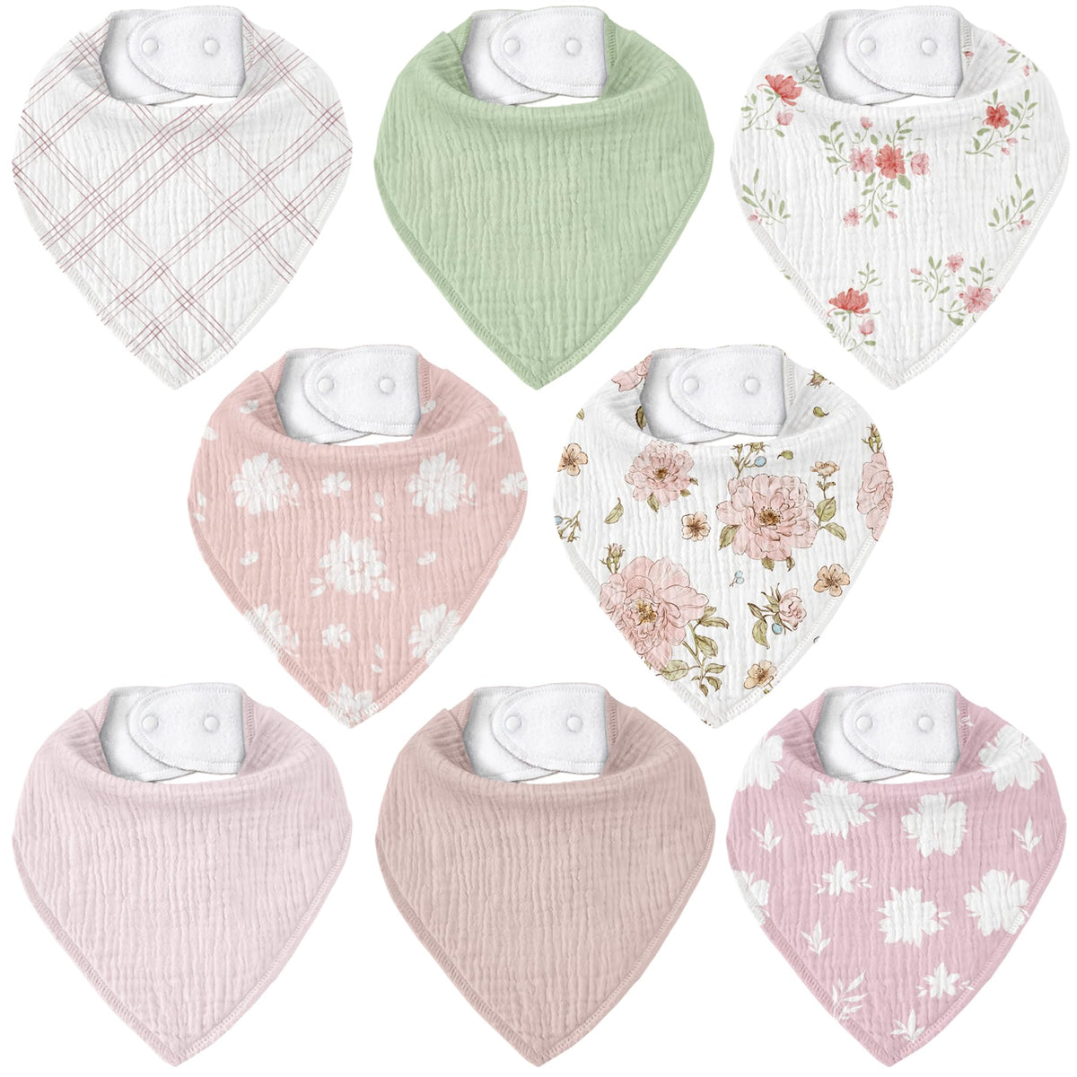 CIVARUA KIDS muslin baby bibs 8-pack flatlay showing coordinated outfits and drool protection.