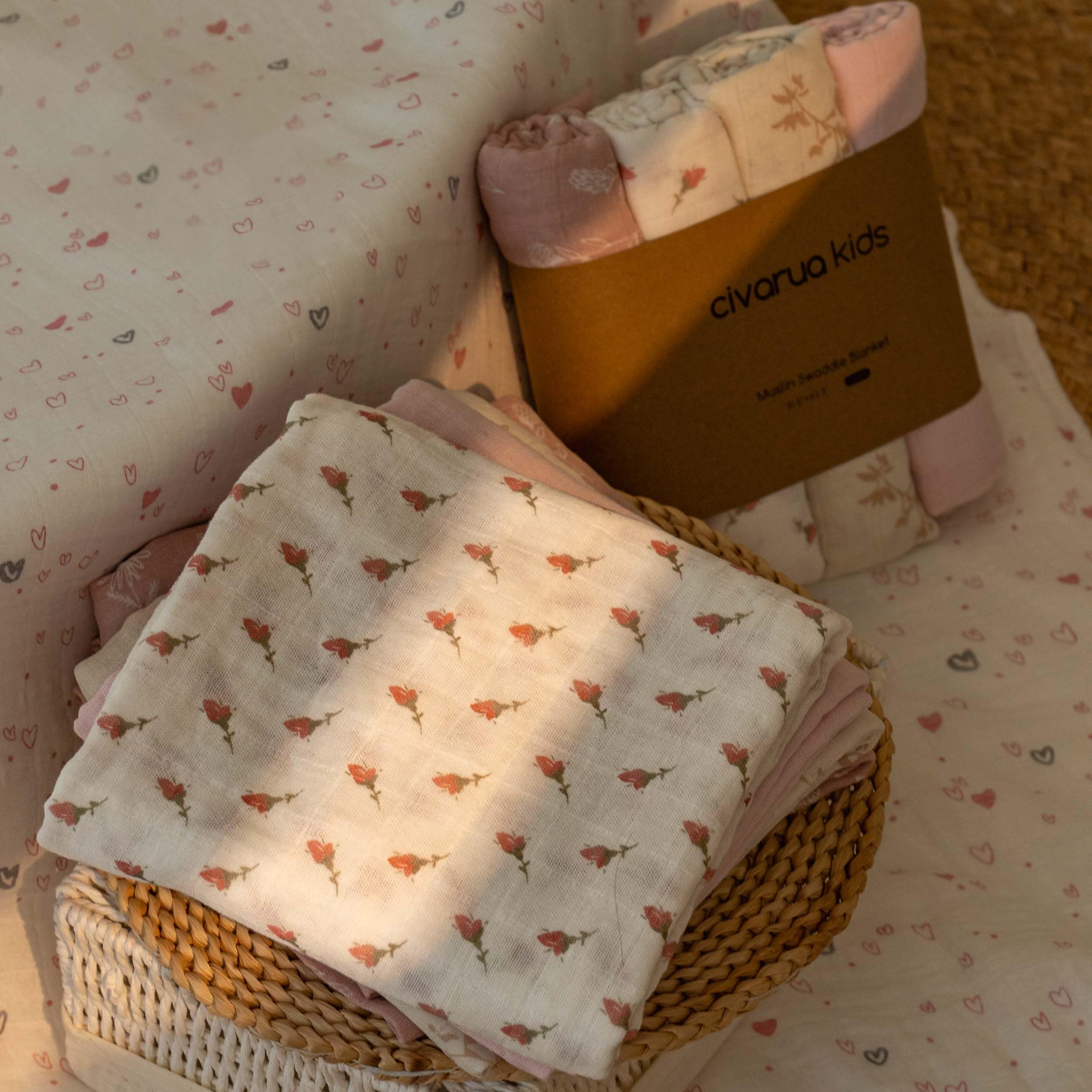 Civarua Kids muslin swaddle in flowers—easy care, machine washable.