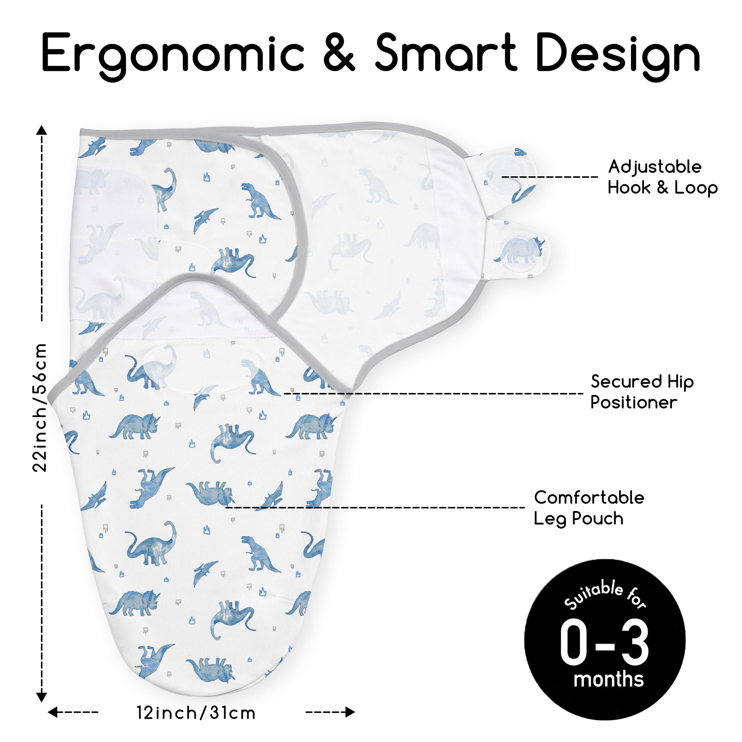 Civarua Kids swaddle blue dinosaur closeup velcro shows gentle adjustable fastenings for secure swaddling.