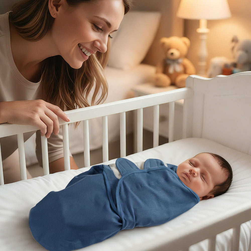 Civarua Kids swaddle blue dinosaur in-use image highlights practical three-step swaddling method.