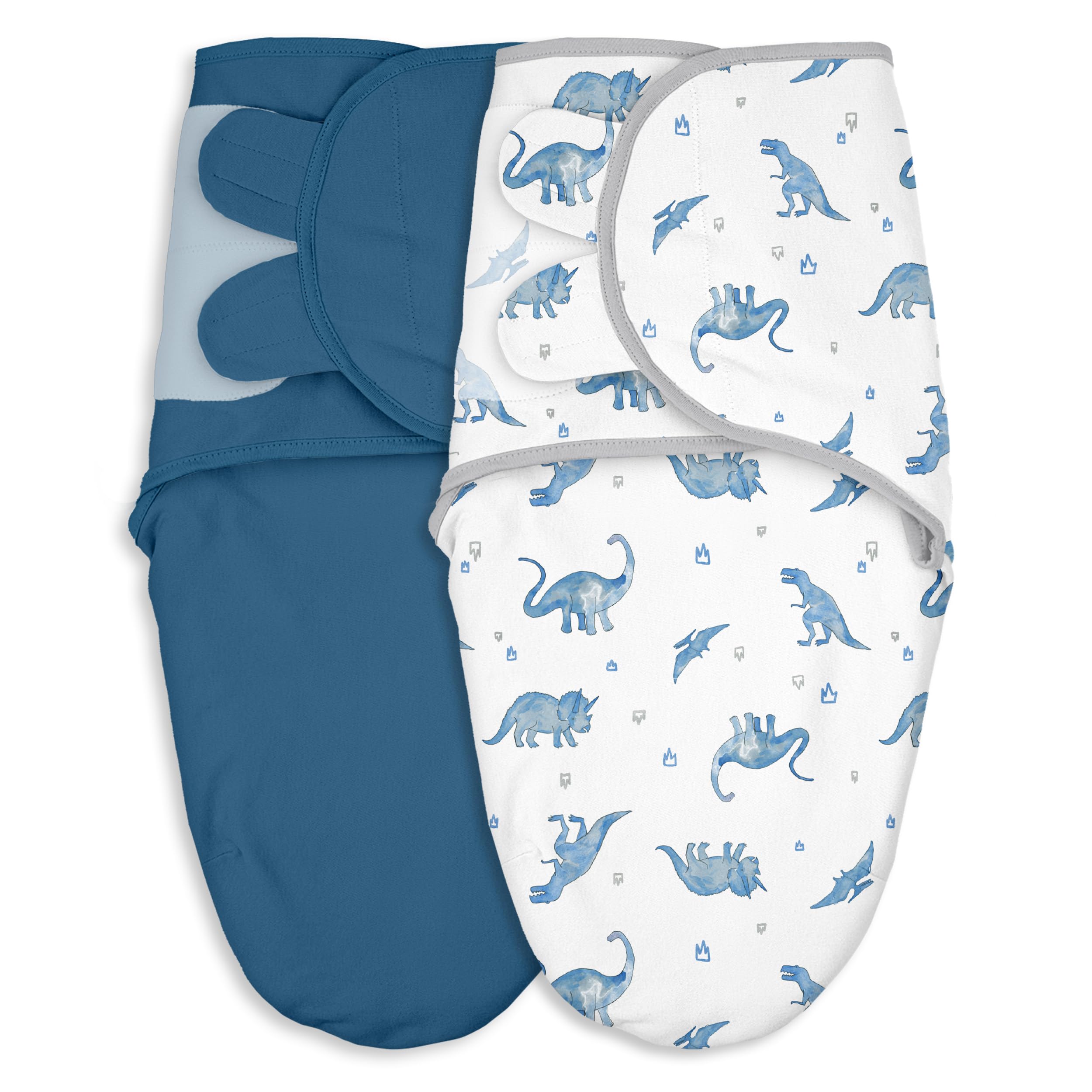 Civarua Kids swaddle blue dinosaur pack demonstrates a two-pack for secure newborn comfort.
