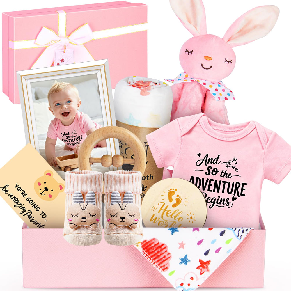 Ciyufavo baby gift basket pink box, ready to gift for a newborn.