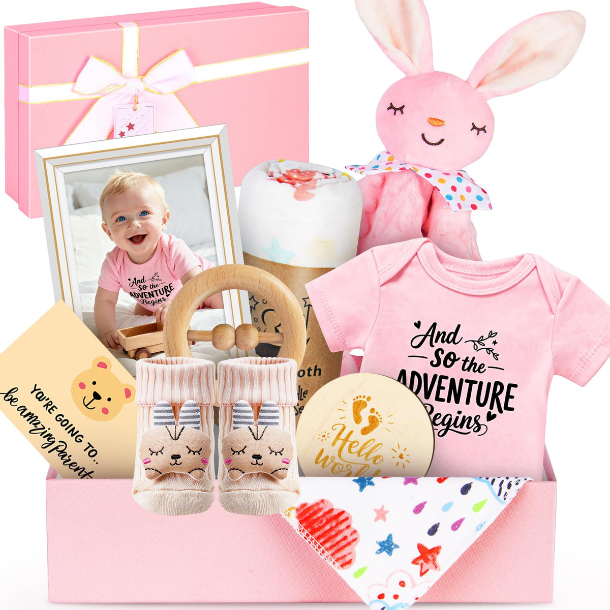Ciyufavo baby gift basket pink box, ready to gift for a newborn.