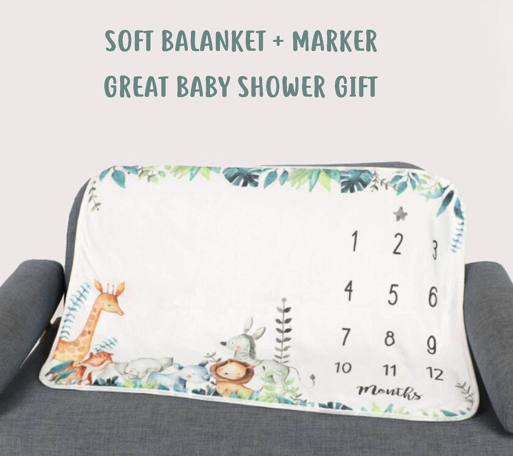 Ckewfaz Popfavors Yuzioey Safari milestone blanket marker in use for dateable keepsakes.