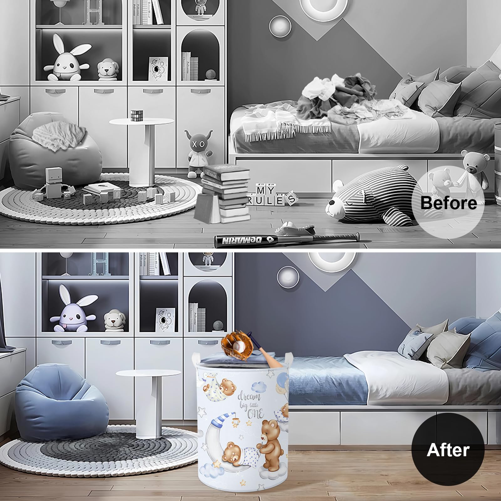 Claststyle blue bear laundry hamper handle and collapsible design aid portability.