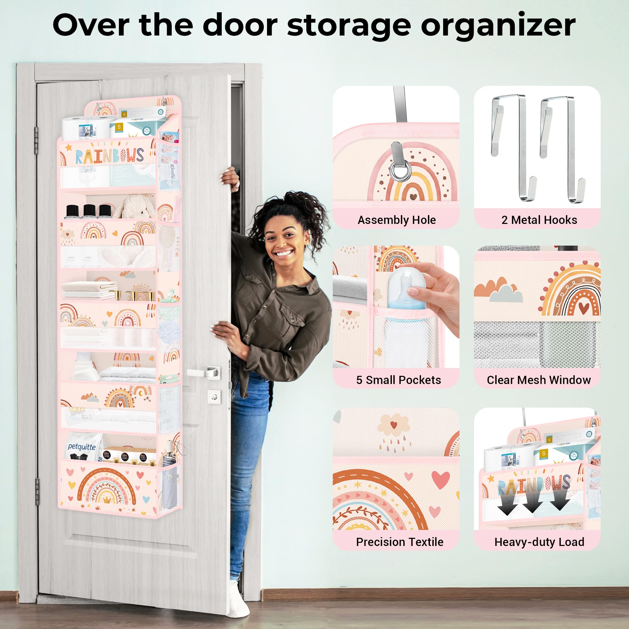 Clastyle Boho Rainbow door organizer capacity close-up showcases large storage for toys and diapers