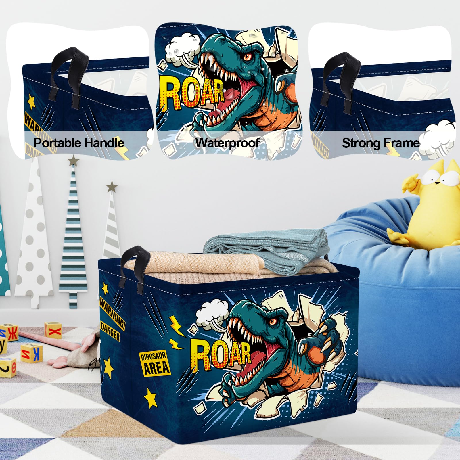 Clastyle dinosaur nursery basket organizes books and plushies for a calm space.