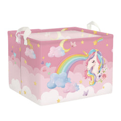 Clastyle 36L pink rainbow unicorn shelf basket with handle on clean playroom floor for organized storage.