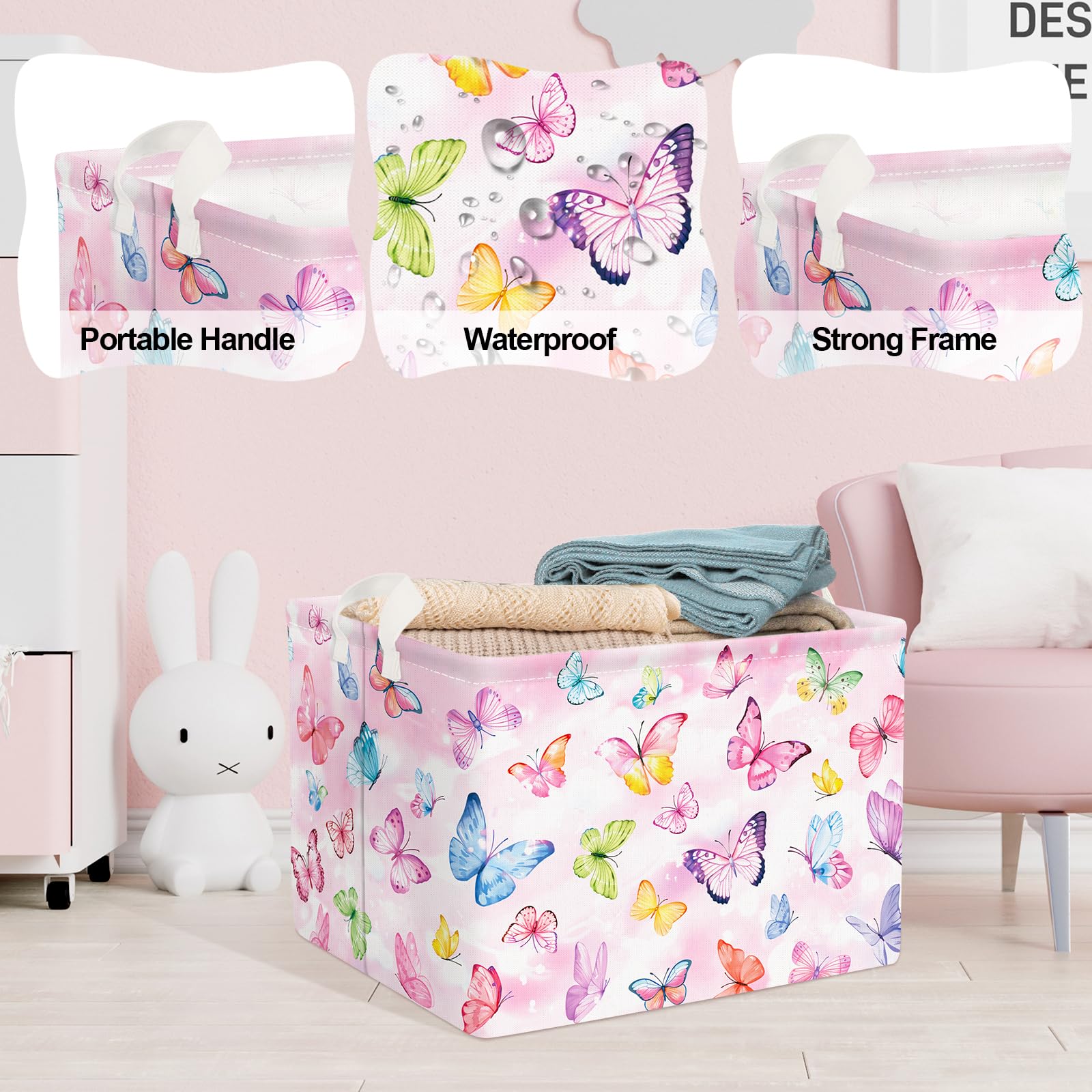 Clastyle 36L pink Dreamy Butterfly Basket closeup-frame highlights waterproof coating for quick cleaning.