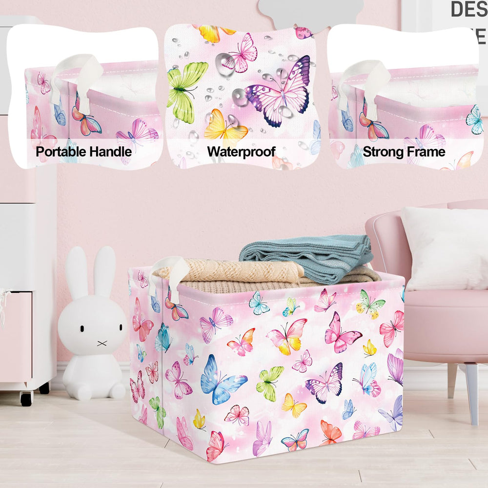 Clastyle 36L pink Dreamy Butterfly Basket closeup-frame highlights waterproof coating for quick cleaning.