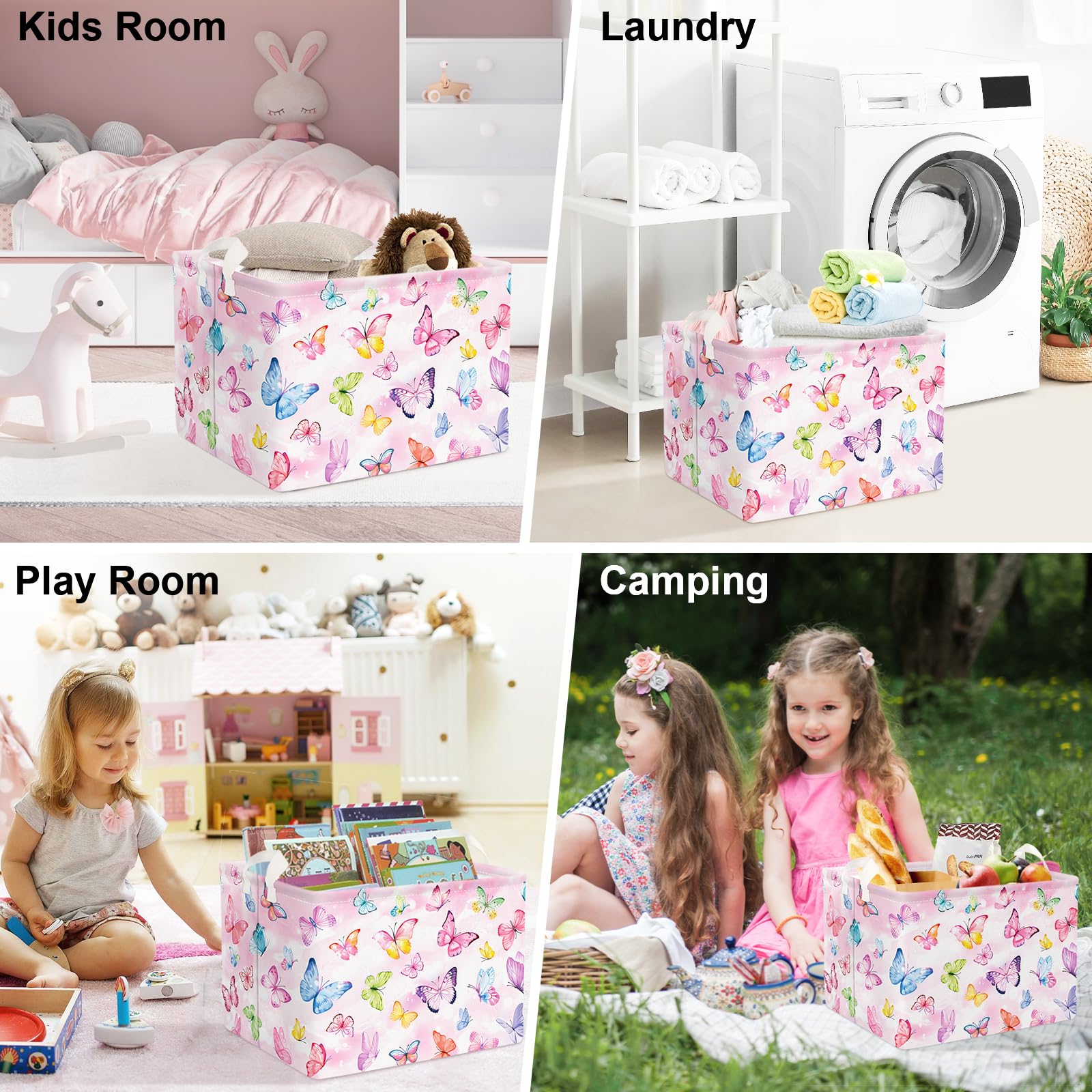 Clastyle 36L pink Dreamy Butterfly Basket with handle strap supports easy transport and unloading.