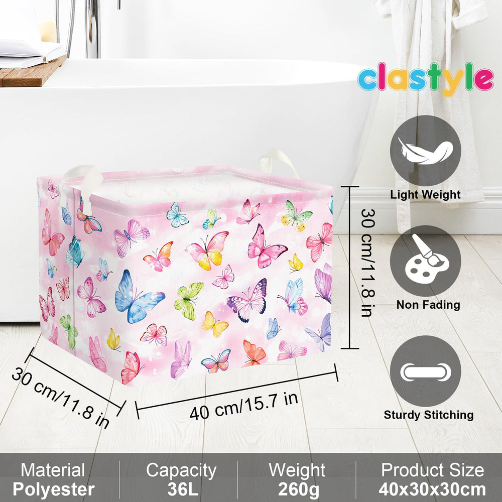 Clastyle 36L pink Dreamy Butterfly Basket in laundry use demonstrates multi-room organization.