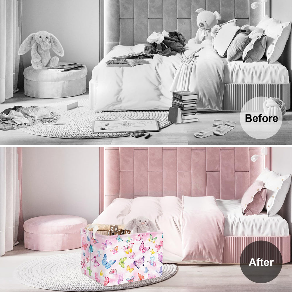 Clastyle 36L pink Dreamy Butterfly Basket sideview highlights sturdy handle for easy transport.