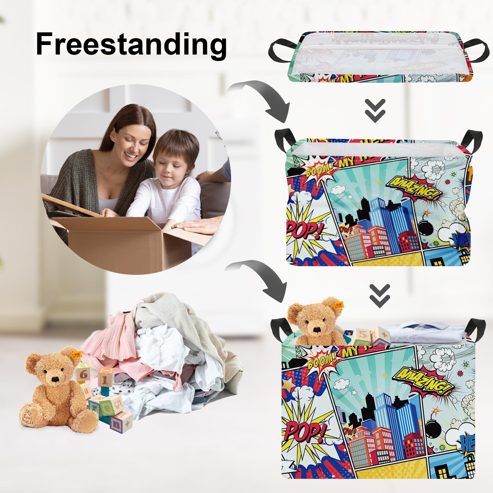 Clastyle 36L blue comics hero basket stores stuffed animals and books neatly.