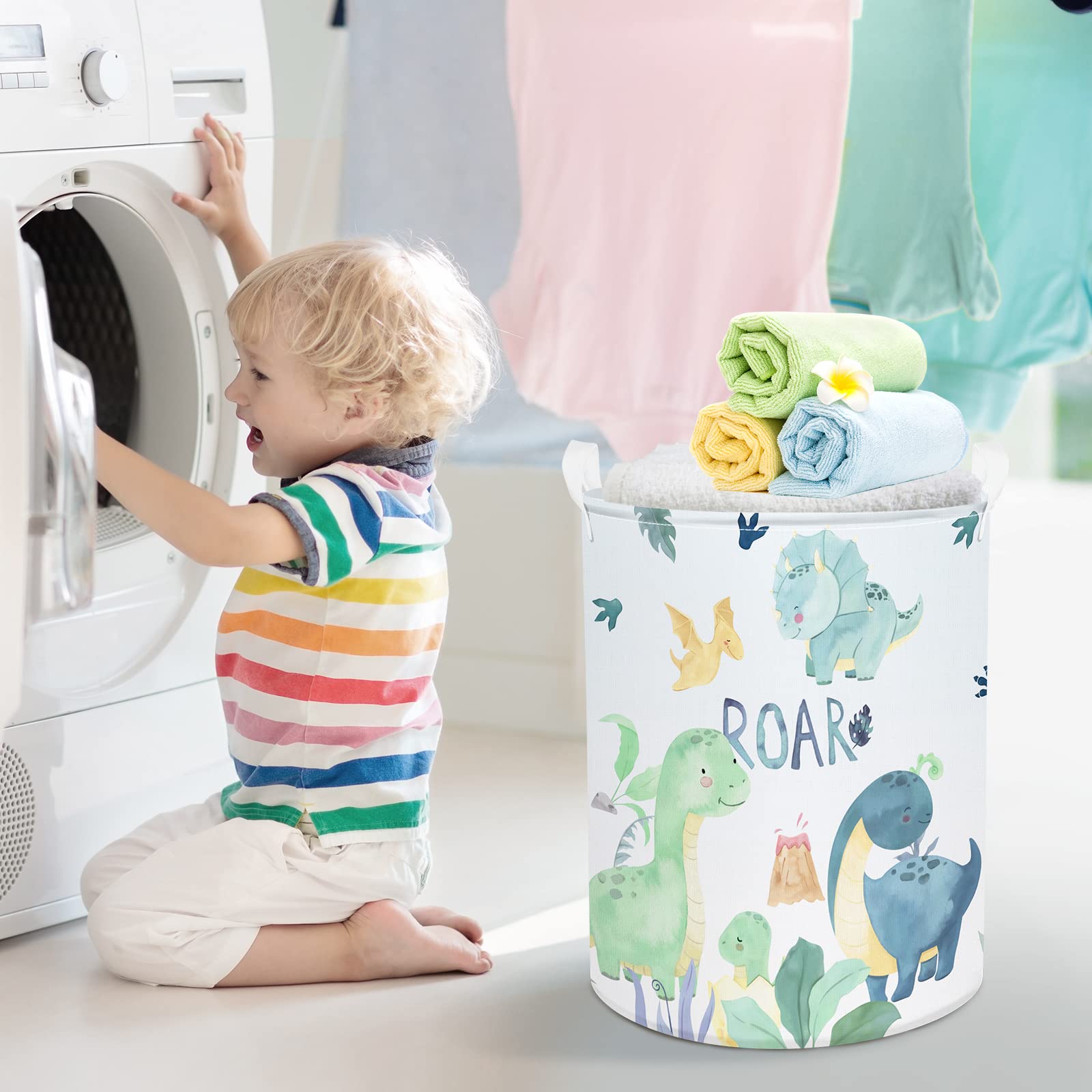 Clastyle dinosaur basket ready for bathroom or laundry room use.