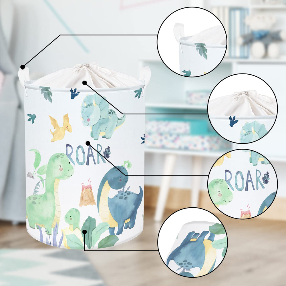 Clastyle drawstring-covered dinosaur basket protects contents from dust.