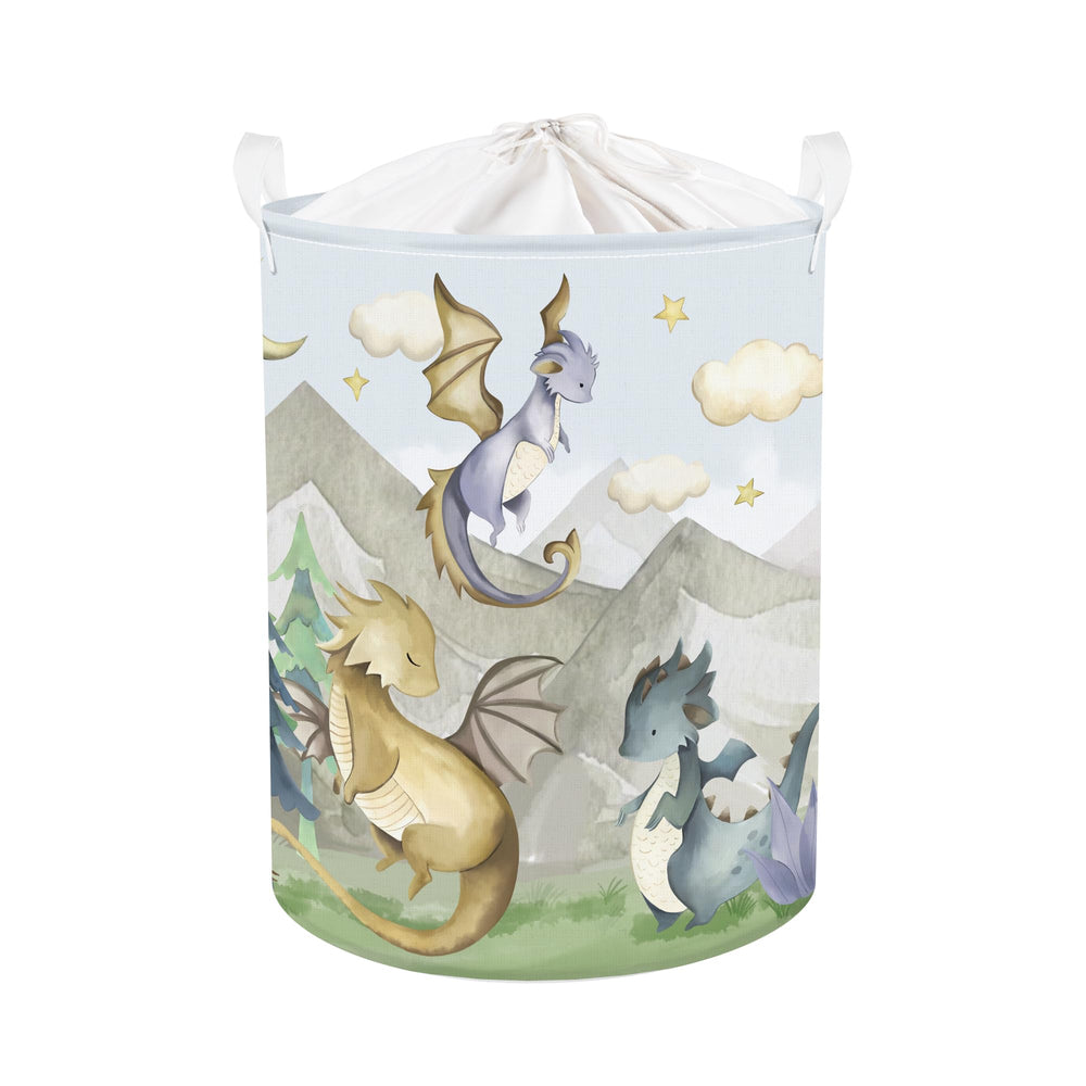 Clastyle 45L Kids Cute Dragon Hamper on mountain scene for toy organization in a kids' room.