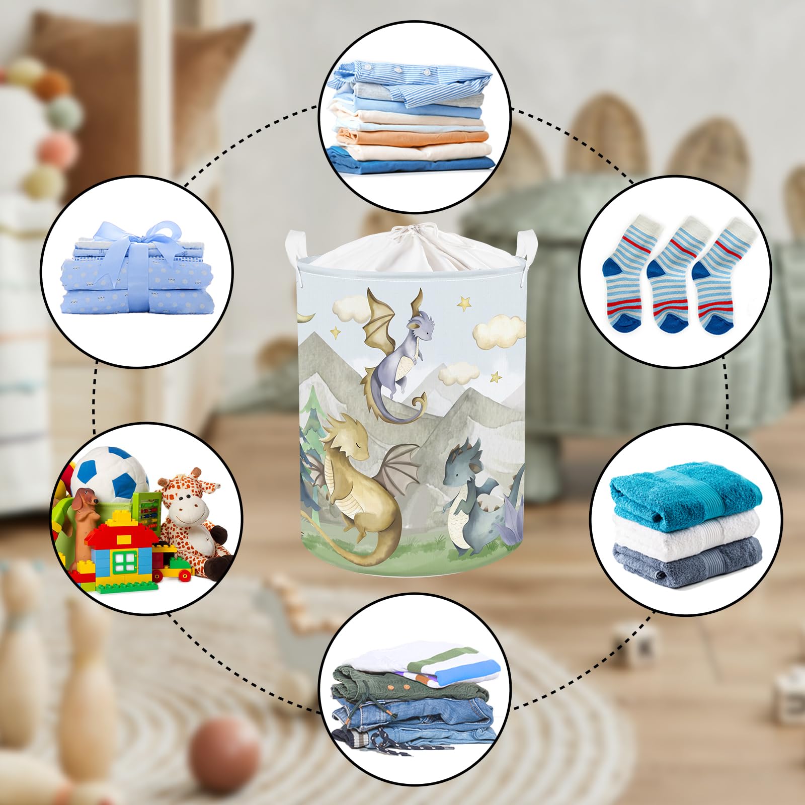Clastyle dragon hamper in a nursery scene suitable for multiple rooms.