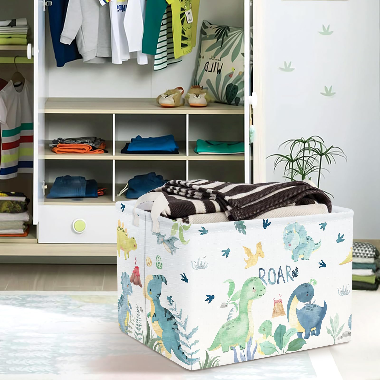 Clastyle Adorable Watercolors Green Dinosaur Shelf Basket on shelf—space-saving design.