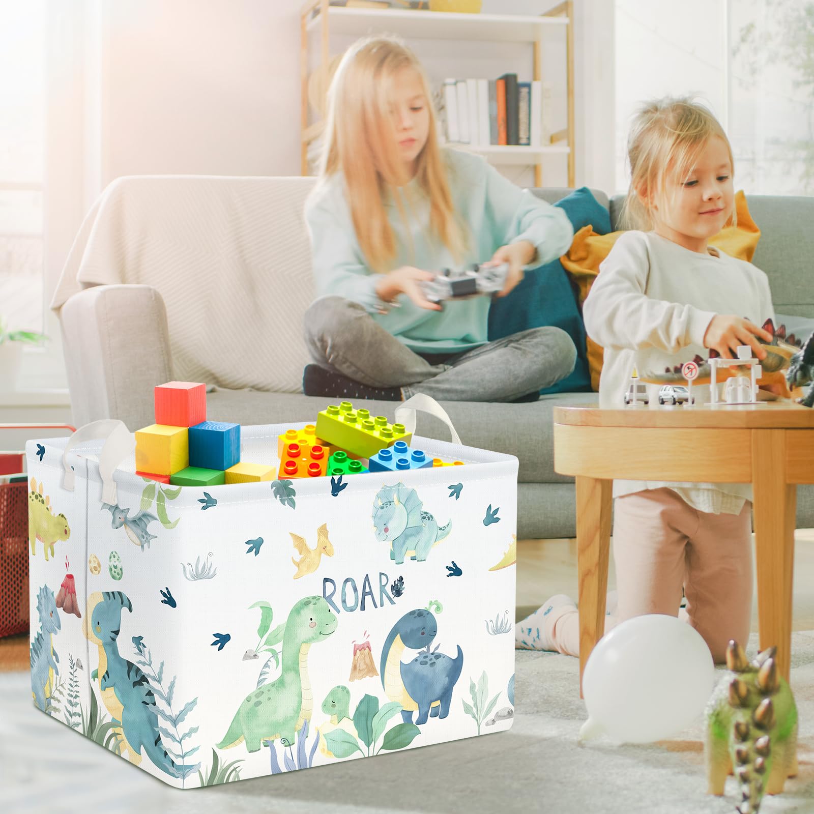 Clastyle Adorable Watercolors Green Dinosaur Shelf Basket palm leaf—waterproof lining.