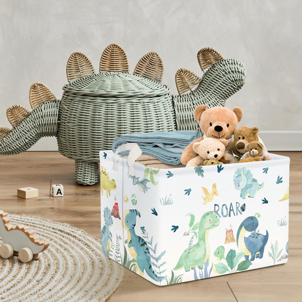 Clastyle Adorable Watercolors Green Dinosaur Shelf Basket—rectangular fits shelves neatly.